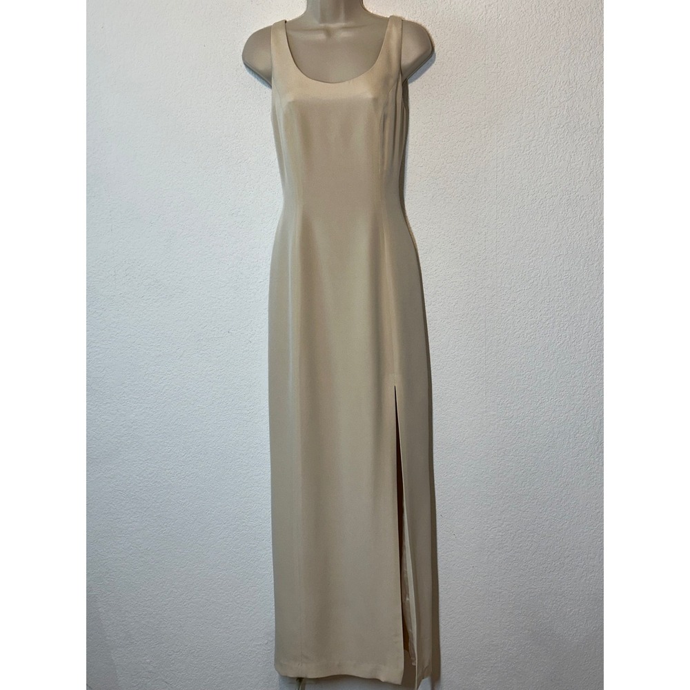 Rimini by Shaw 100% Silk Maxi Dress Beige Side Slit Gown Size 4 Minimalist